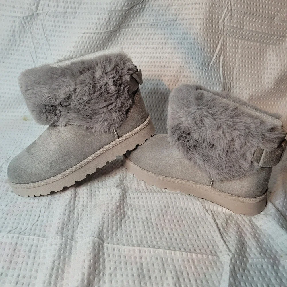 Grey Faux Suede Fur Trim Ankle Boots Lug Sole Platform Winter Boots Size‎ 7.5